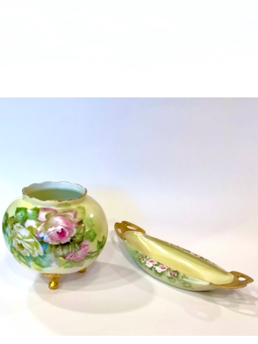 Antique Hand Painted 2Pc Porcelain Set Limoges Tray & Footed Rose Bowl Howe 1910